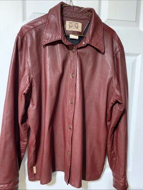 Vintage 90s Burgundy Genuine Leather Shirt Jacket Oversized W2W”